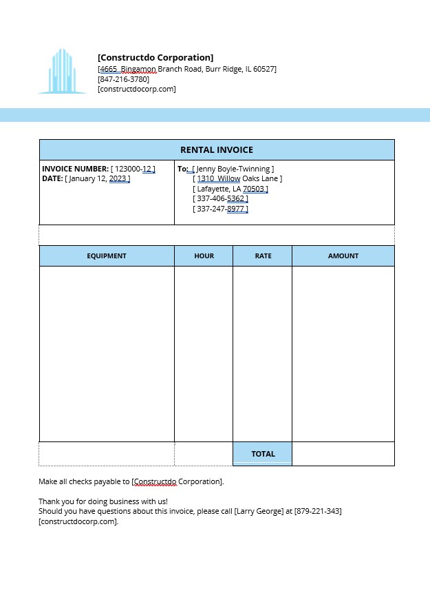 Equipment Rental Invoice Template PSD template